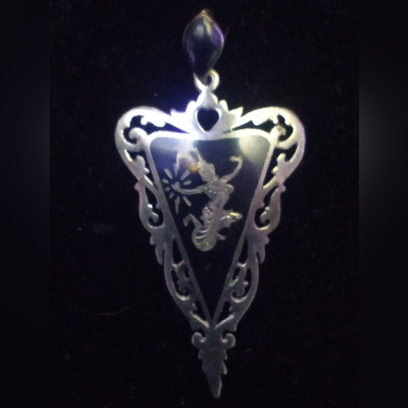 Silver-Tone Black Enamel Pendant Necklace - Women Jewelry